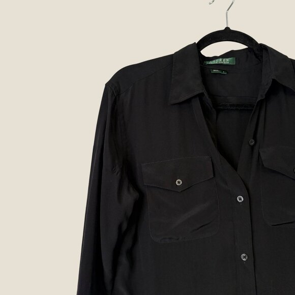 Lauren Ralph Lauren 100% Silk Button Down Black Blouse Size 4 - Picture 4 of 13